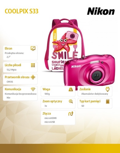 Nikon S33 pink + bag