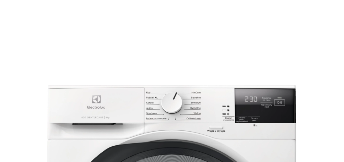 Górny panel suszarki Electrolux. Suszarka jest biała z czarnym wyświetlaczem po prawej i pokrętłem z wyborami programów po środku