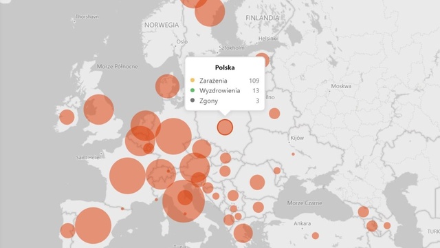 Mapa rozwoju koronawirusa od Microsoftu