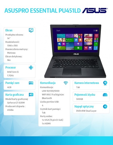 Asus ASUSPRO ESSENTIAL PU451LD-WO081G Win8.1 Pro DP i5-4210U/4GB/500GB/GF820 (N15V-GM)/8DL/14.0" HD AG Dark Gray