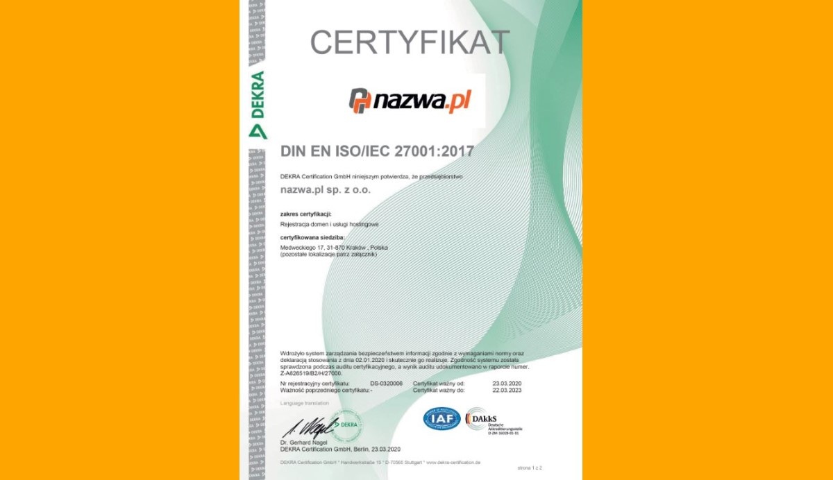 Certyfikat ISO dla Nazwa.pl