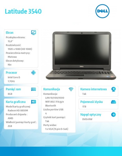 Dell Latitude 3540 Ubuntu i5-4210U/1TB/8GB/HD 8850M/15FHD/6Cell/3YNBD