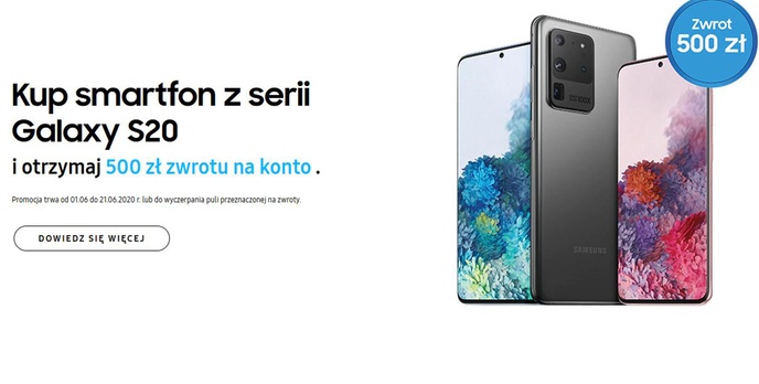 Kup Samsung Galaxy S20 i otrzymaj zwrot 500 złotych