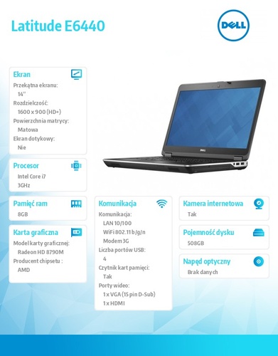 Dell Latitude E6440 Windows 7 Pro PL i7-4610M/500+8GB SSHD/8GB/HD8790/9Cell/14" HD+/FPR&SCR/KB_Backlit/WWAN/3YNBD