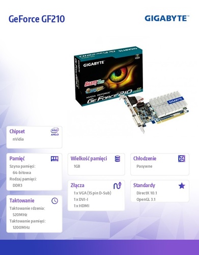 Gigabyte GeForce CUDA GF210 1GB DDR3 PCI-E 64BIT DVI/HD/-SUB BOX