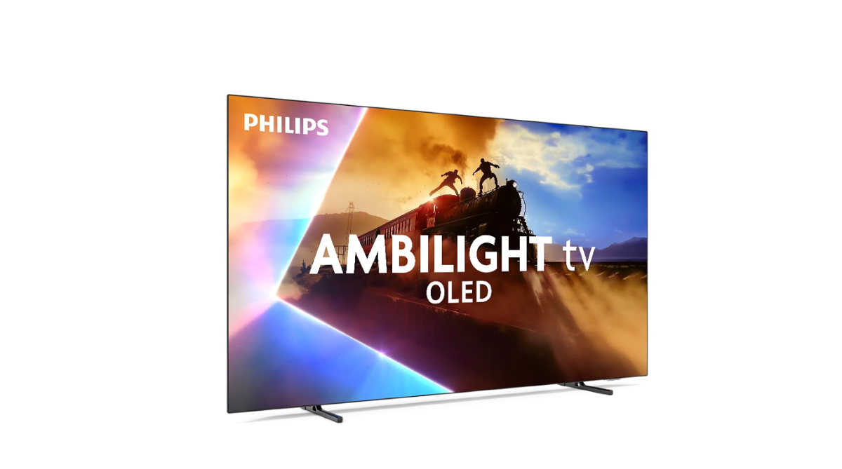 Telewizor z napisem Ambilight TV OLED na bialym tle