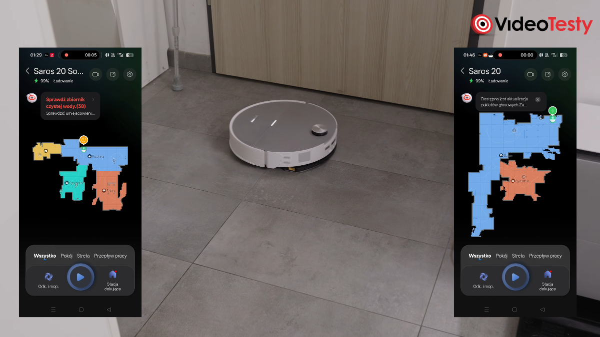 Porównanie jakości stworzonych map w dwóch robotach na tle sprzątającego białego robota na szarych kafelkach