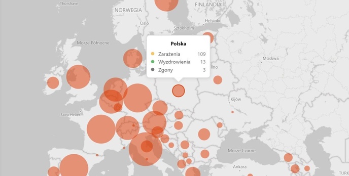 Mapa rozwoju koronawirusa od Microsoftu