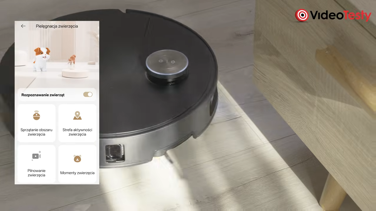 Dedykowane ustawienia dla zwierząt w aplikacji na tle sprzątającego podłogę robota