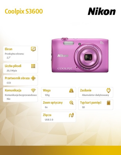 Nikon Coolpix S3600 różowy 20,1M, 8xOZ, 720