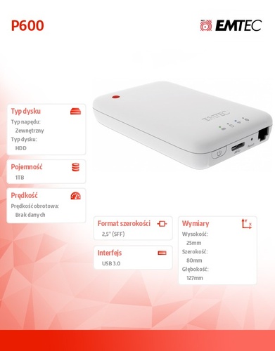 EMTEC Dysk zewnętrzny 1TB z WiFi 2,5 USB 3.0 P600
