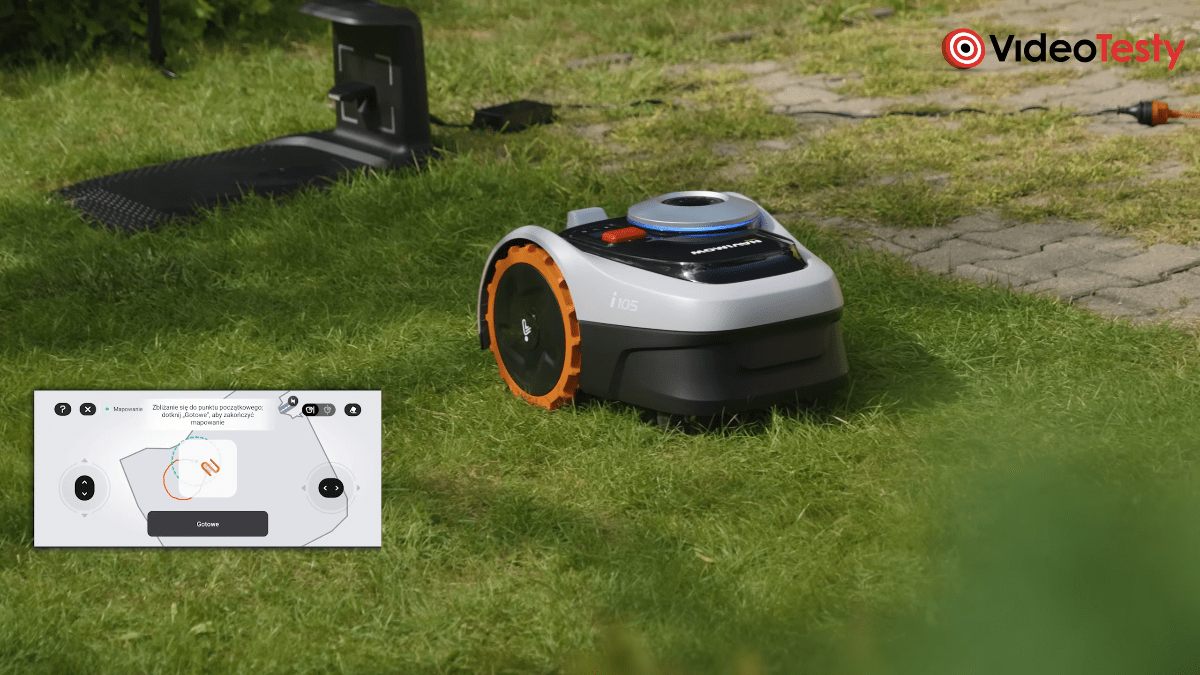 Aplikacja koło robota Segway Navimow i105E podczas pierwszego mapowania na trawniku