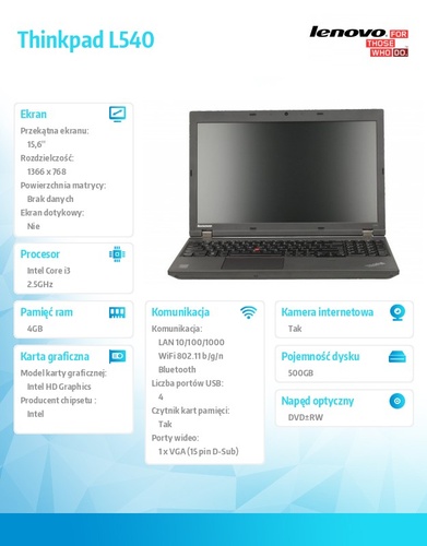 Lenovo Thinkpad L540 20AUA18DPB Win8.164-bit i3-4100M/4GB/500GB/Intel HD/DVD Rambo/6c/15.6" HD WWAN Ready, Black/1 Yr Carry-In