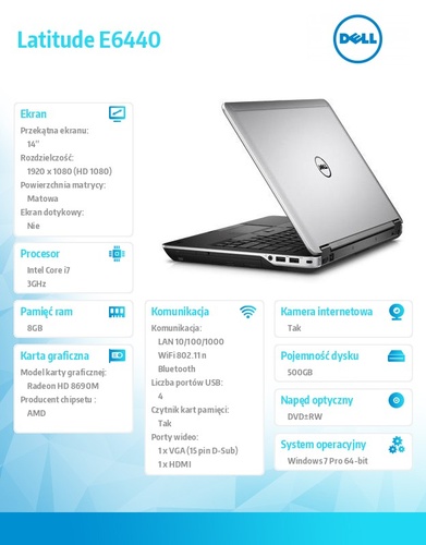 Dell Latitude E6440 Win7Pro i7-4610M/500GB/8GB/DVD+/-RW/BT 4.0/Office 2013 Trial/9-cell/AMD Radeon HD8690M/KB-Backlit/14.0"HD/3Y NBD