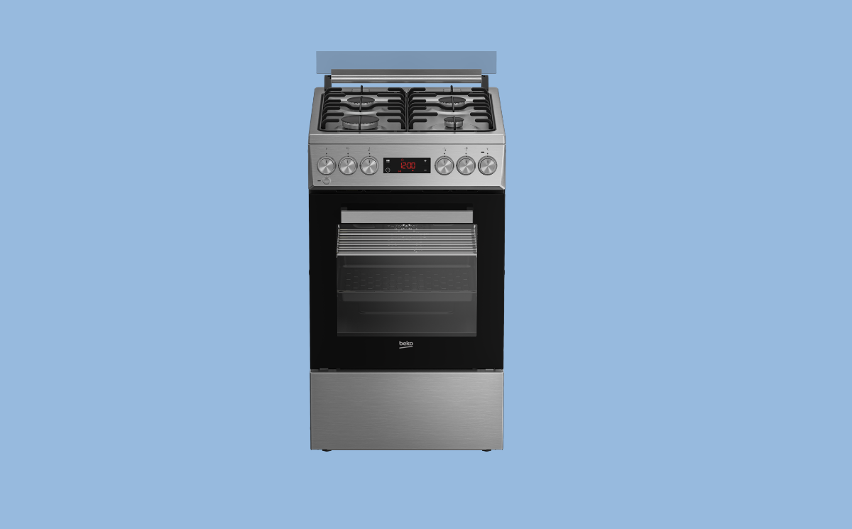 Kuchenka gazowa (stalowo-czarna) na niebieskim tle