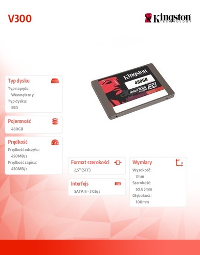 Kingston SSD V300 SERIES 480GB SATA3 2.5' 450/450 MB/s 7mm