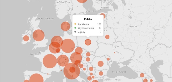 Mapa rozwoju koronawirusa od Microsoftu