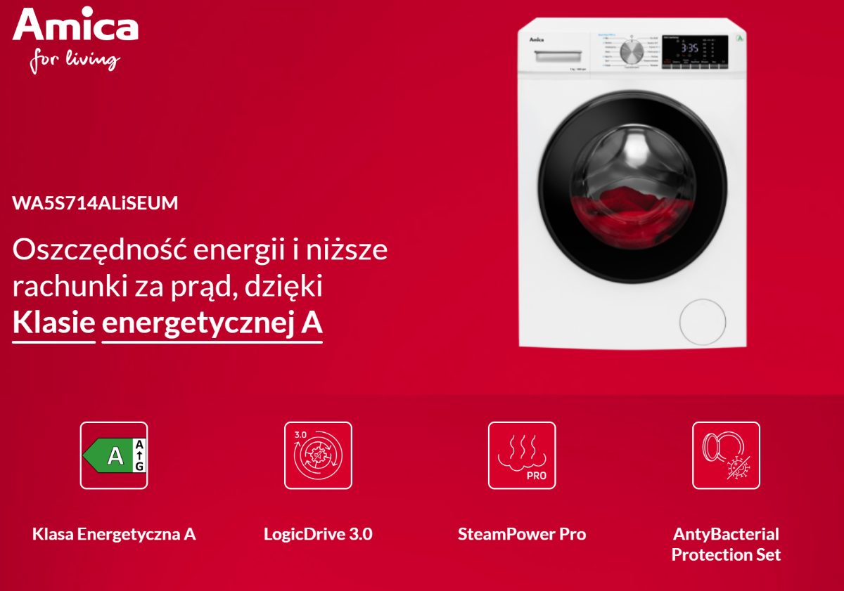 Grafika producenta Amica z białą pralką z czarnym kołnierzem i napisami oraz opisami funkcji