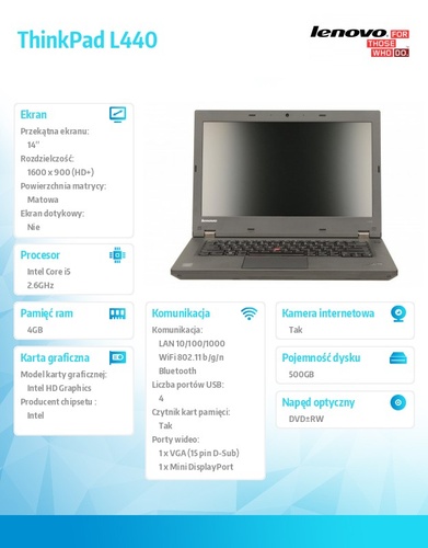 Lenovo ThinkPad L440 20ATA02PPB Win8.1 64-bit i5-4210M/4GB/500GB/Intel HD/DVD Rambo/6c/14.0" HD+ AG WWAN Ready, Black/1YR CI