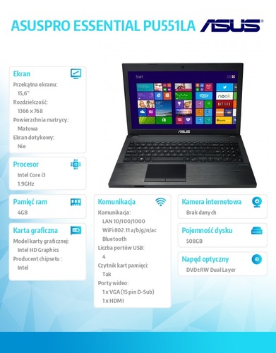 Asus ASUSPRO ESSENTIAL PU551LA-XO164G Win8.1 Pro DP i3-4030U/4GB/500GB+8GB SSD/HD4400/8DL/15.6" HD AG Dark Gray