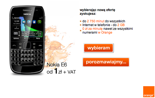 Nokia E6 za 1zł i nielimitowane rozmowy w Orange