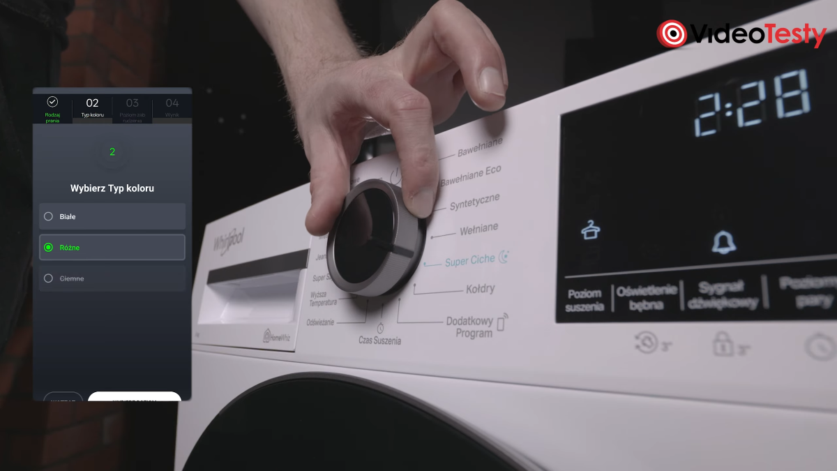Widok na aplikację HomeWhiz koło pokrętła pralki