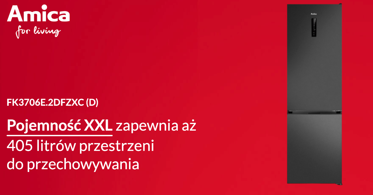 Duża lodówka Amica FK3706E.2DFZXC (D) na czerwonym tle