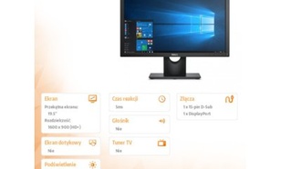 Dell E2016H 19.5'' TN Anti-Glare 16:9/1600x900/VGA/DP 1.2/3Y PPG