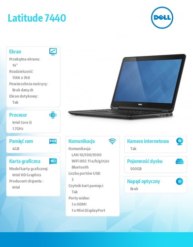 Dell Latitude E7440 W78.1P (lic. 64-bit Win8, nosnik) I5-4210U/500GB/4GB//HD4400/BT 4.0/4CELL/38M NBD/14"HD/KB_BLIT/3YNBD