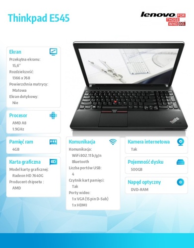 Lenovo Thinkpad E545 20B20015PB DOS A8-4500M/4GB/GB/AMD Radeon HD Integrated/DVD Rambo/6c/15.6" HD AG,Midnight Black,N-WWAN/1Yr CI