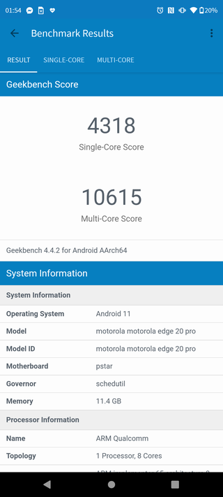 Motorola Edge 20 Pro w Geekbench 4