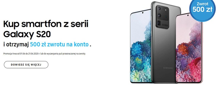 Kup Samsung Galaxy S20 i otrzymaj zwrot 500 złotych