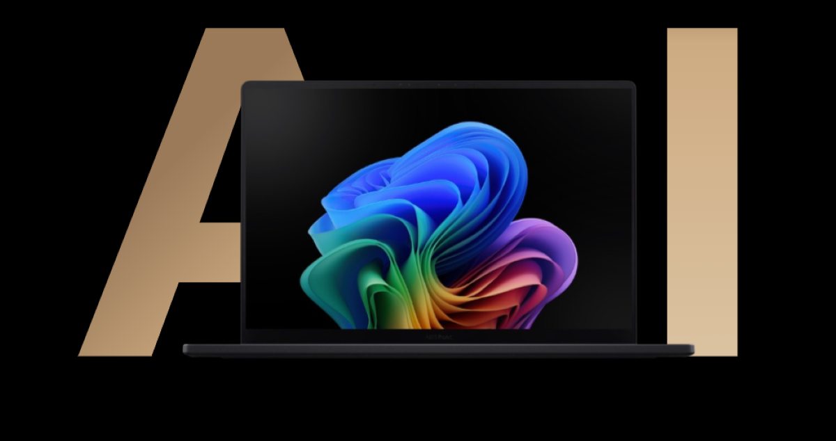 Czarny laptop Asus ProART P16 (H7606WP na tle napisu AI