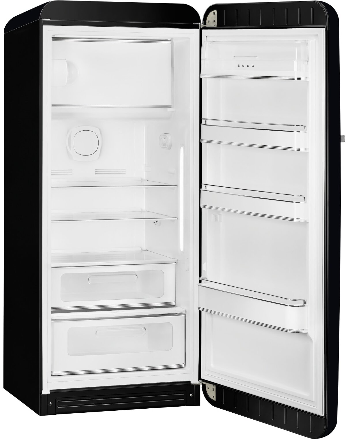 czarna lodówka SMEG FAB28RDBLM6 otwarta