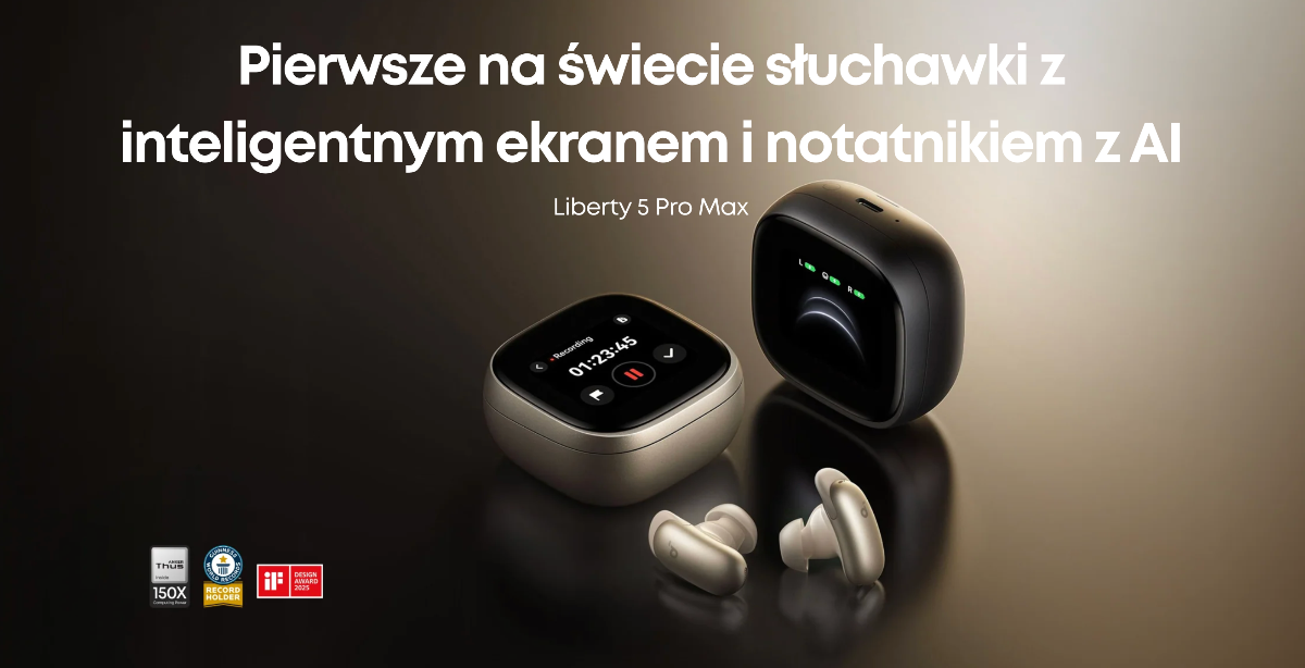 Czarno-złota grafika ze słuchawkami z dużym wyświetlaczem. Jest napis: Pierwsze na świecie słuchawki z inteligentnym ekranem i notatnikiem z AI