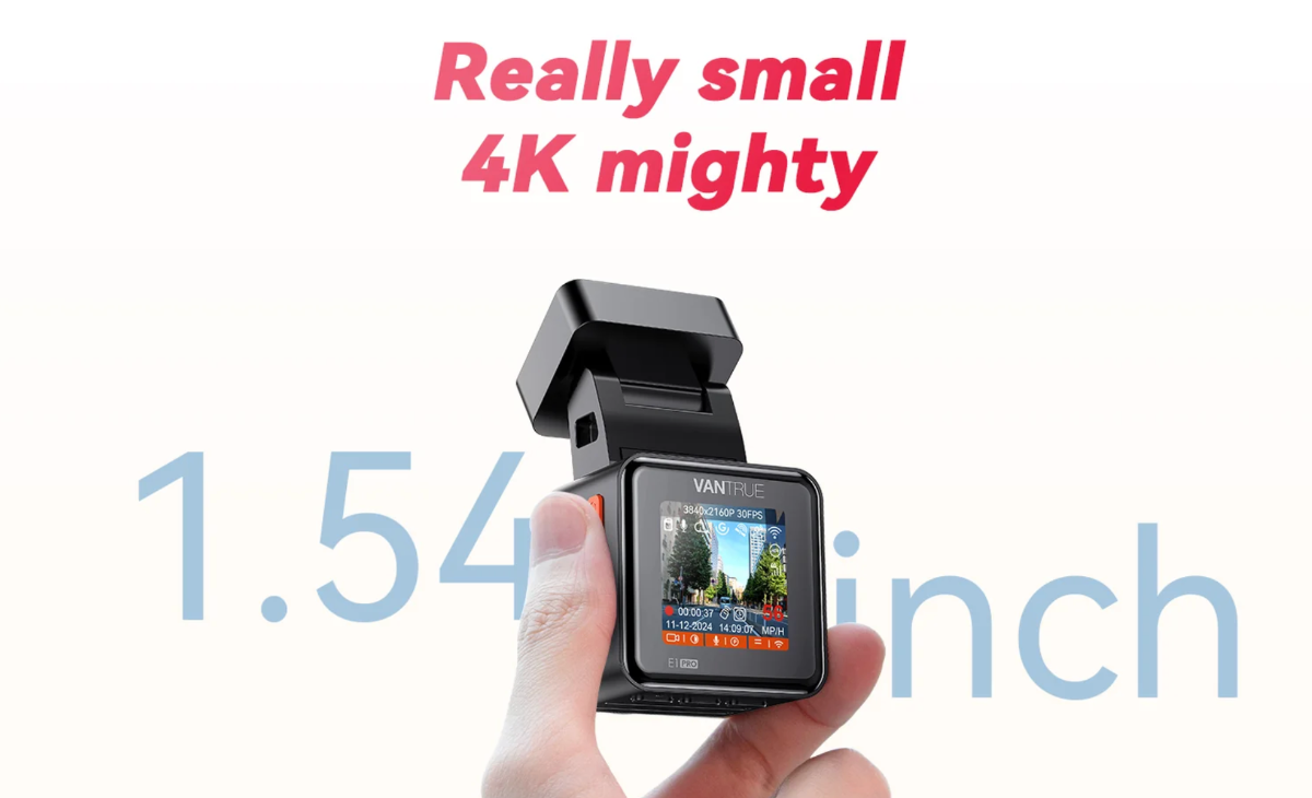 Grafika z napisem Small and Mighty i prezentacją wymiarów Vantrue E1 Pro