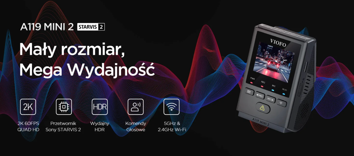 Grafika producenta pokazująca najważniejsze zalety Viofo A119 Mini 2